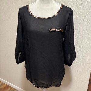 Black Sheer Women's Top with Leopard Trim by Love Culture